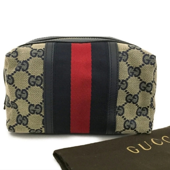 GUCCI WEBBING GG LOGO CANVAS LEATHER COSMETIC POUCH/1A6172 - Picture 11 of 13